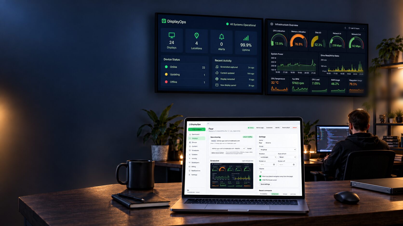 Two wall-mounted office screens driven by DisplayOps: a fleet overview with 24 displays and no alerts, and a Grafana infrastructure dashboard. On the desk, a laptop shows the DisplayOps portal for one display with its live screenshot and settings.